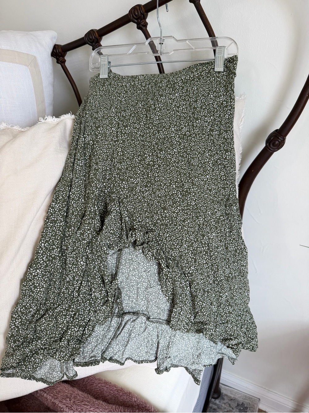 Shasa Olive Green Mini Dot High-Low Ruffle Skirt